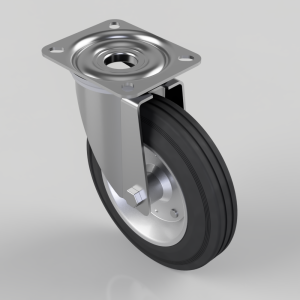 Heavy-duty swivel caster with a square mounting plate (four holes) and a black rubber wheel.