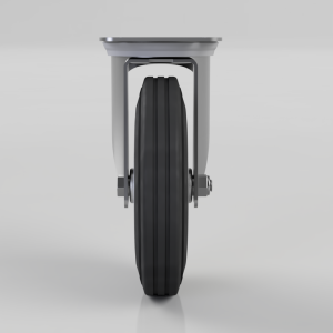 Front view of a gray industrial caster with a black wheel and metal mounting hardware, showing the wheel centered between the side forks.