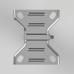 Metal mounting bracket with a central hinge and bolt, used to connect two panels.