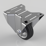 Industrial caster wheel with a metal mounting plate and black rubber tire, viewed from an angle.