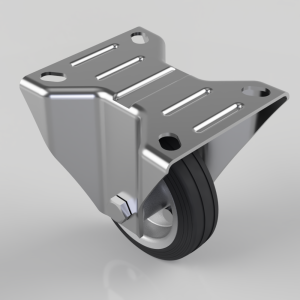 Industrial caster wheel with a metal mounting plate and black rubber tire, viewed from an angle.
