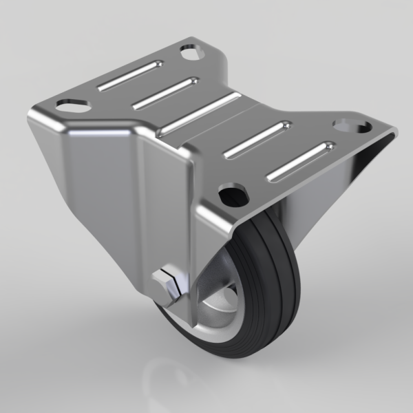 Industrial caster wheel with a metal mounting plate and black rubber tire, viewed from an angle.