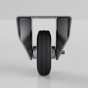 Industrial caster wheel with a black rubber tire and a gray metal Y-shaped frame, featuring a mounting bolt on the side