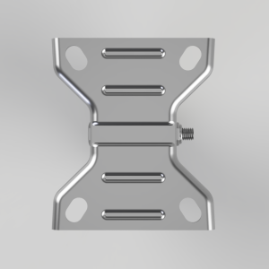 Symmetrical metal hinge/bracket with a central bolt and oval cutouts, chrome finish.