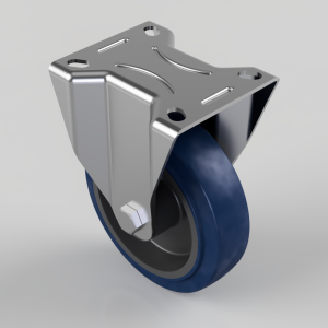 Industrial caster wheel: metal mounting plate with four holes and a blue polyurethane wheel attached by a bolt, shown at an angle