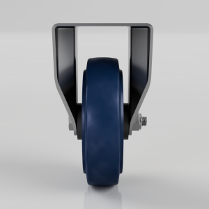 Front view of a blue polyurethane caster wheel with a metal U-bracket and axle, showing the wheel and mounting hardware.
