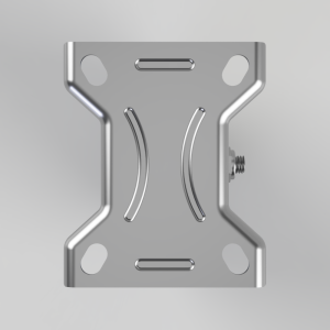 Front view of a silver metal mounting plate with rounded corner holes, two curved inner slots, and a protruding bolt on the right side.