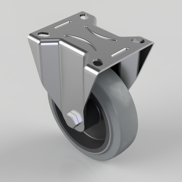 Swivel caster wheel with a metal mounting plate and grey rubber tire for furniture or equipment carts
