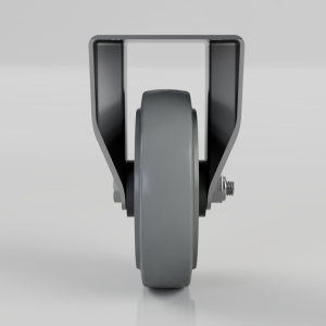 Front view of a gray wheel caster with a metal U-shaped mounting bracket, seen head-on.