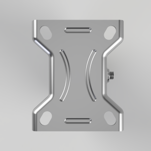 Metal mounting bracket with two curved slots and a side screw, used to attach hardware securely.