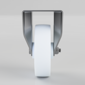 White caster wheel with a gray metal frame, viewed head-on (furniture/equipment caster).