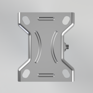 Metal mounting plate with four rounded holes and curved cutouts, showing a screw thread on the right side, used for hardware mounting.