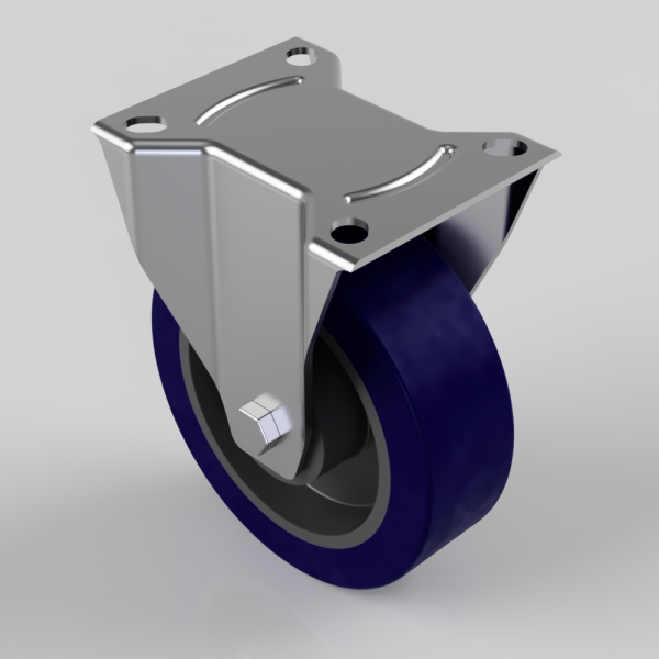 Caster wheel with blue polyurethane tire and a four-hole silver mounting plate for furniture or carts