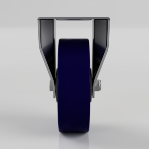 Front-facing view of a blue caster wheel with a metal mounting frame and bolt hardware.