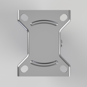 Metal mounting bracket/tray with four corner holes and curved recesses, shown from a top-down view.