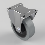 Caster wheel with a top mounting plate and swivel stem for furniture or carts, gray metal frame and single wheel on a pivot bolt