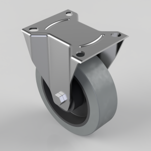 Caster wheel with a top mounting plate and swivel stem for furniture or carts, gray metal frame and single wheel on a pivot bolt