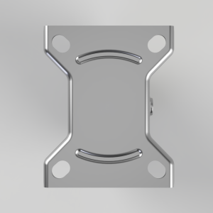 Metal mounting plate with four circular holes at the corners and curved inner indents, viewed from above (silver/gray finish).