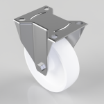 Swivel caster wheel with a metal mounting plate and white polyurethane wheel, showing screw holes for attachment and mounting bolt.