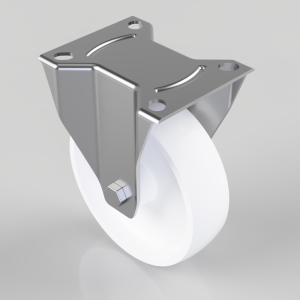 Swivel caster wheel with a metal mounting plate and white polyurethane wheel, showing screw holes for attachment and mounting bolt.