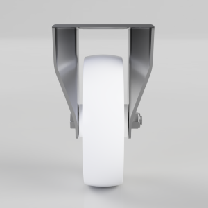 Front view of a metal caster wheel assembly with a white wheel and a rectangular mounting bracket above it