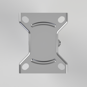 Metal mounting bracket with four corner holes and curved recesses, shown front view with a side bolt on the right.