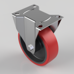 Caster wheel with red polyurethane wheel and a gray metal mounting bracket featuring mounting holes.