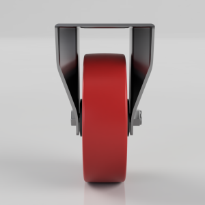 Red caster wheel with a gray metal bracket, used on furniture or carts for rolling movement.