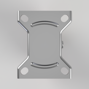 Silver metal mounting bracket with four corner holes and two curved central recesses, viewed from above.
