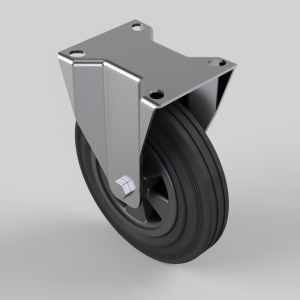 Swivel caster wheel with a metal mounting plate and black rubber tire, used for rolling carts or furniture.