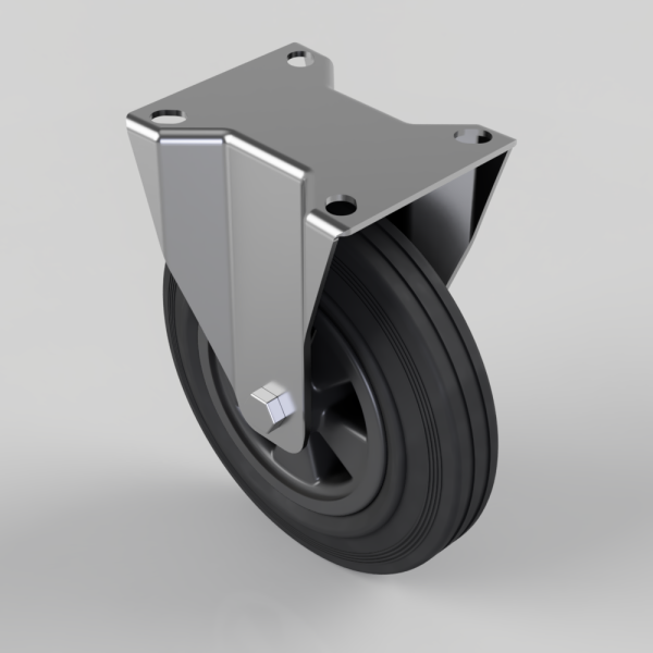 Swivel caster wheel with a metal mounting plate and black rubber tire, used for rolling carts or furniture.