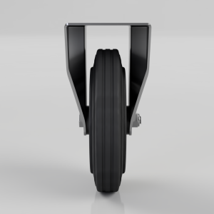 Front view of a black rubber wheel mounted in a metallic U-shaped bracket, like a heavy-duty caster wheel.