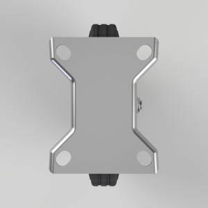 Top-down view of a metal mounting plate with bevelled edges and two black rubber wheels at opposite ends, forming a caster assembly.