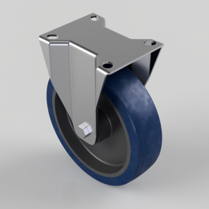 Industrial caster wheel with blue polyurethane tire and metal mounting plate/bracket
