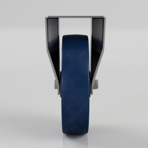 Blue polyurethane wheel mounted in a gray metal U-shaped caster frame, viewed head-on.