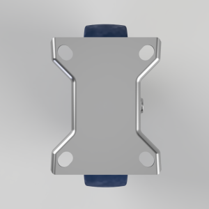 Top-down view of a silver metal mounting plate with blue wheels at both ends.