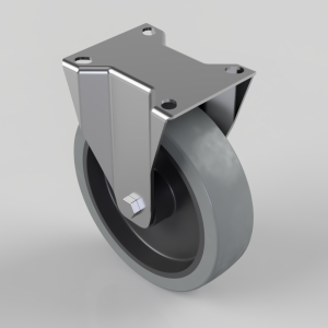 Metal caster wheel with a four-hole mounting plate and swivel bracket, featuring a large gray polyurethane wheel and a securing bolt at the axle.