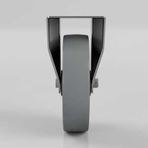 Front view of a gray industrial caster wheel with a black metal U-bracket frame, used for moving equipment