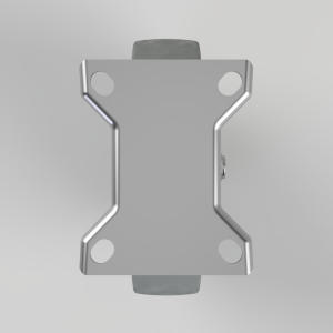 Bottom view of a silver skateboard truck baseplate with four circular mounting holes and wheels visible at top and bottom ends