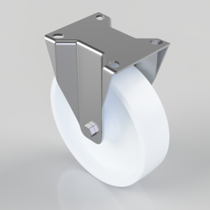 Swivel caster wheel with a square metal mounting plate and white wheel surface