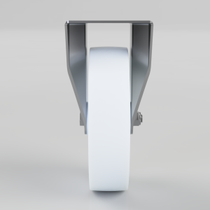 A vertical wheel with a white belt in a metal fork-like frame, viewed from the front in a neutral setting.