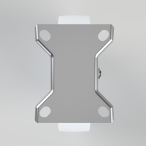 Metal mounting bracket with beveled corners and four circular screw holes, part of a roller/slider assembly.