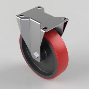 Metal mounting plate caster with a red polyurethane wheel and a central axle bolt, shown from an angled perspective.