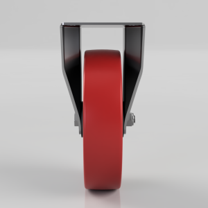 Front-on view of a red polyurethane wheel mounted in a black metal bracket with silver hardware, seen against a light gray background.