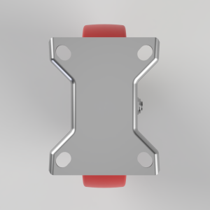 Top-down view of a silver metal skateboard truck with red wheels at each end, four mounting holes visible on the plate, gray background.