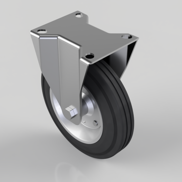 Industrial caster wheel with metal mounting bracket and four-hold plate, viewed at an angle.