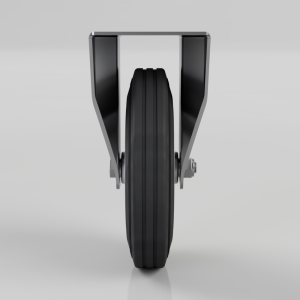 Single black wheel mounted in a silver metal bracket, like a caster for a cart or trolley