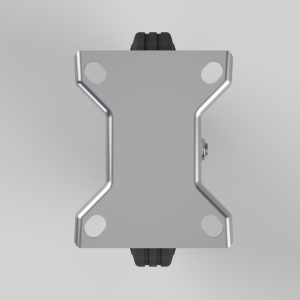 Symmetrical metal mounting plate with four round feet and small black wheels at the ends.