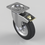 Metal swivel caster with square mounting plate and a gold brake lever above a black rubber wheel