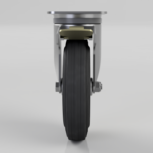 Front view of a heavy-duty caster wheel with a gray metal frame, black rubber wheel, and a locking brake pad above the wheel.